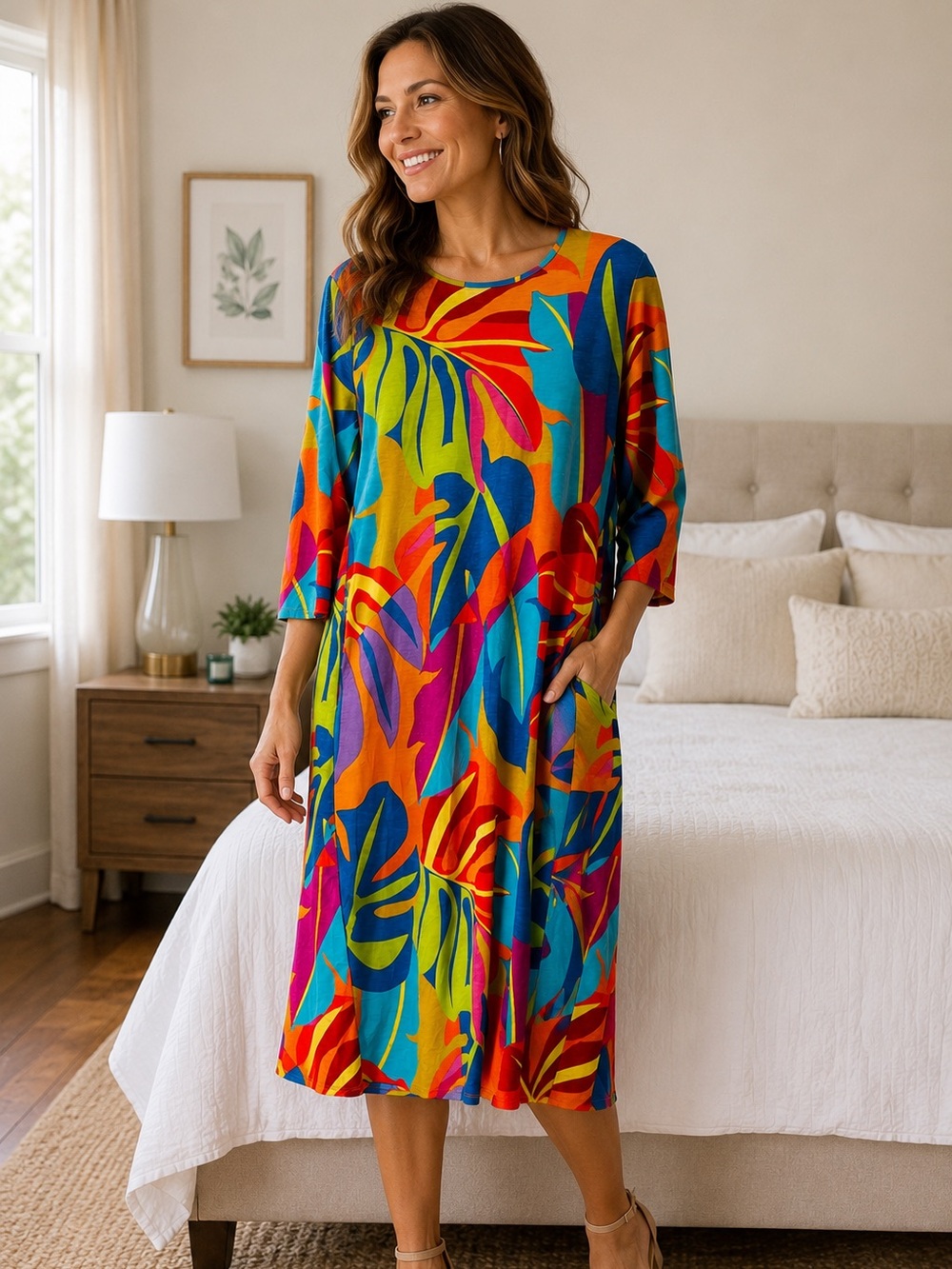 Vibrant Tropical Leaf Midi Dress in Multi-Color
